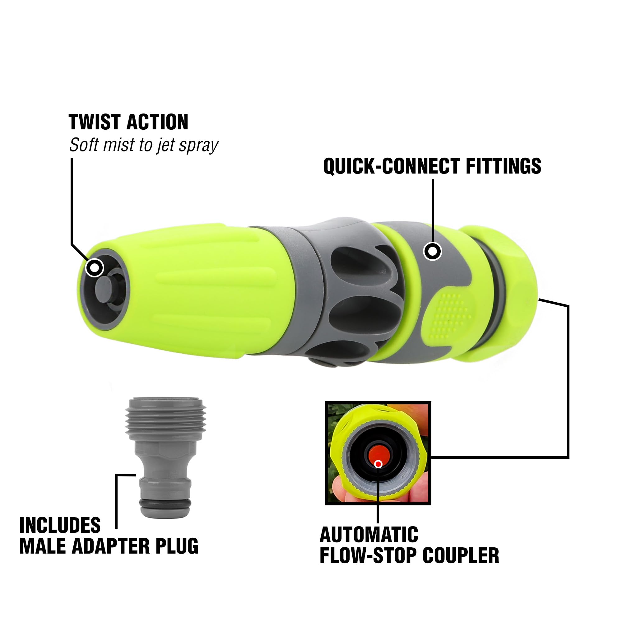 Flexzilla Quick-Connect Spray Nozzle close-up showing mist spray
