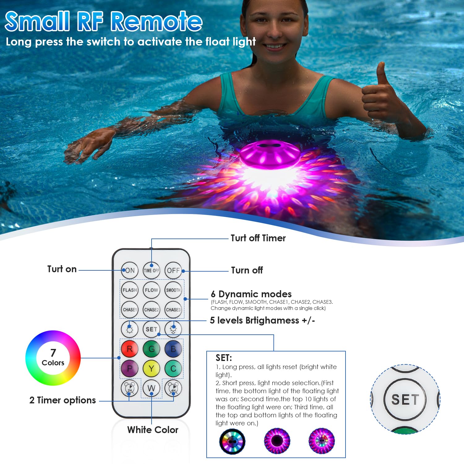 Floating pool light showing multiple colour options in water