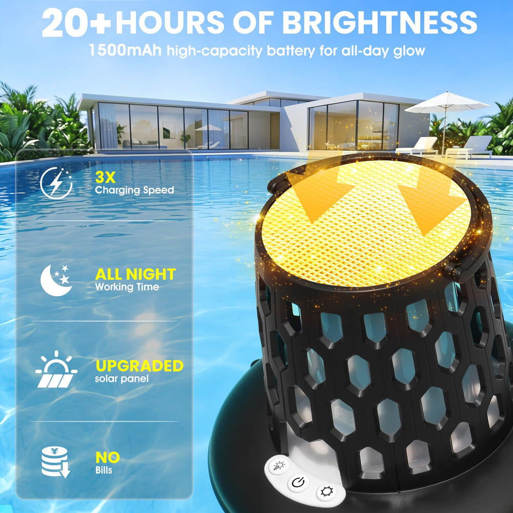 Floating solar pool lights with flame effect in a pool