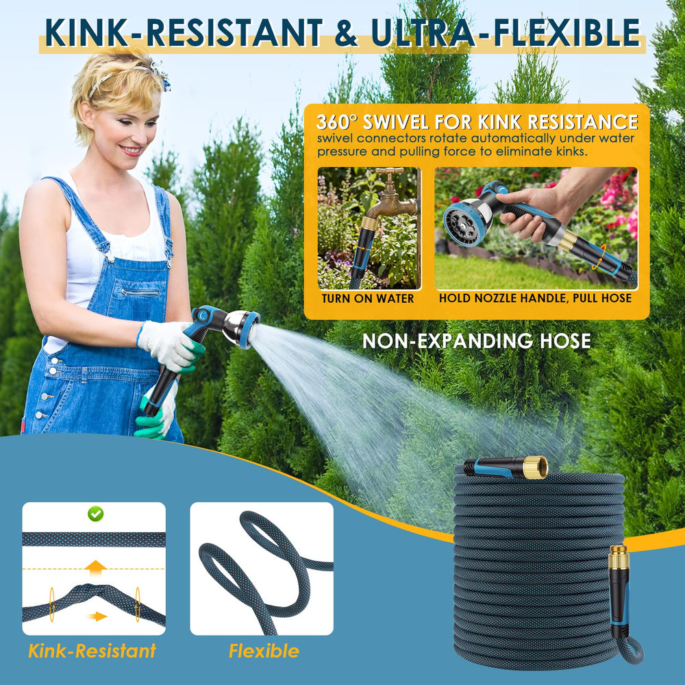 FLOERXIS garden hose with 10-pattern spray nozzle attached