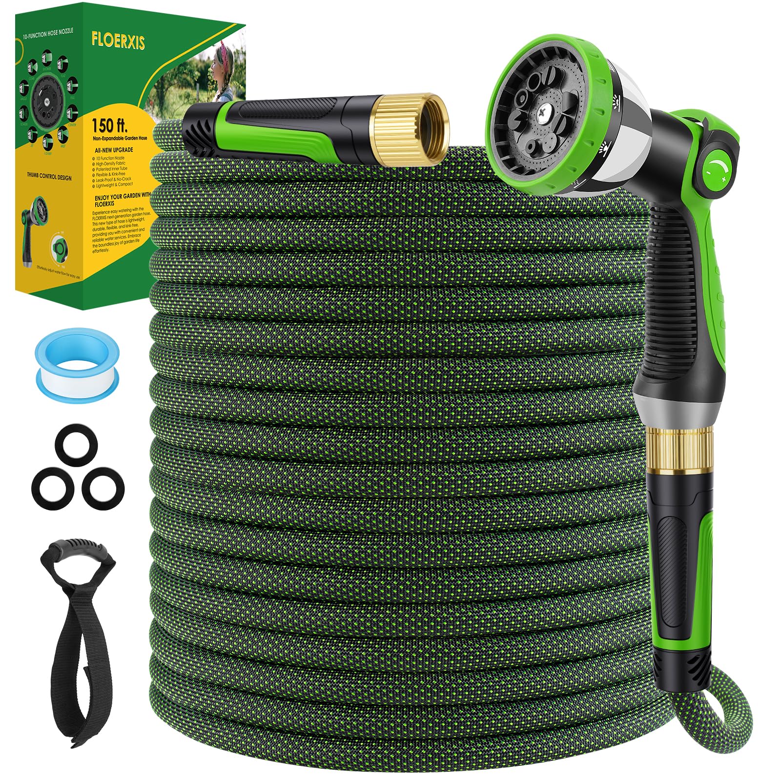 FLOERXIS Non-Expandable Garden Hose 150 ft in green color