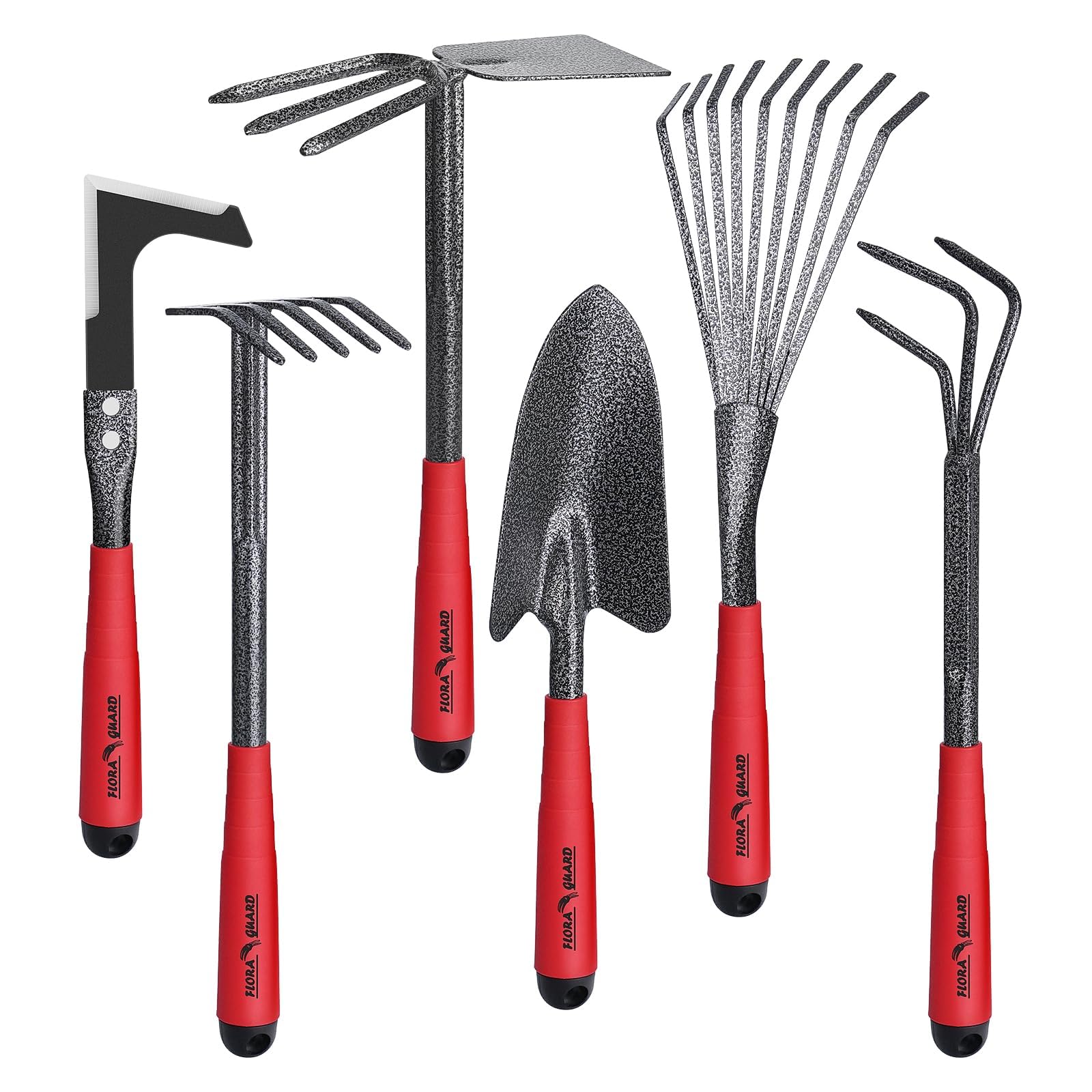 FLORA GUARD 6-piece garden tool set including trowel, rakes, and hoe
