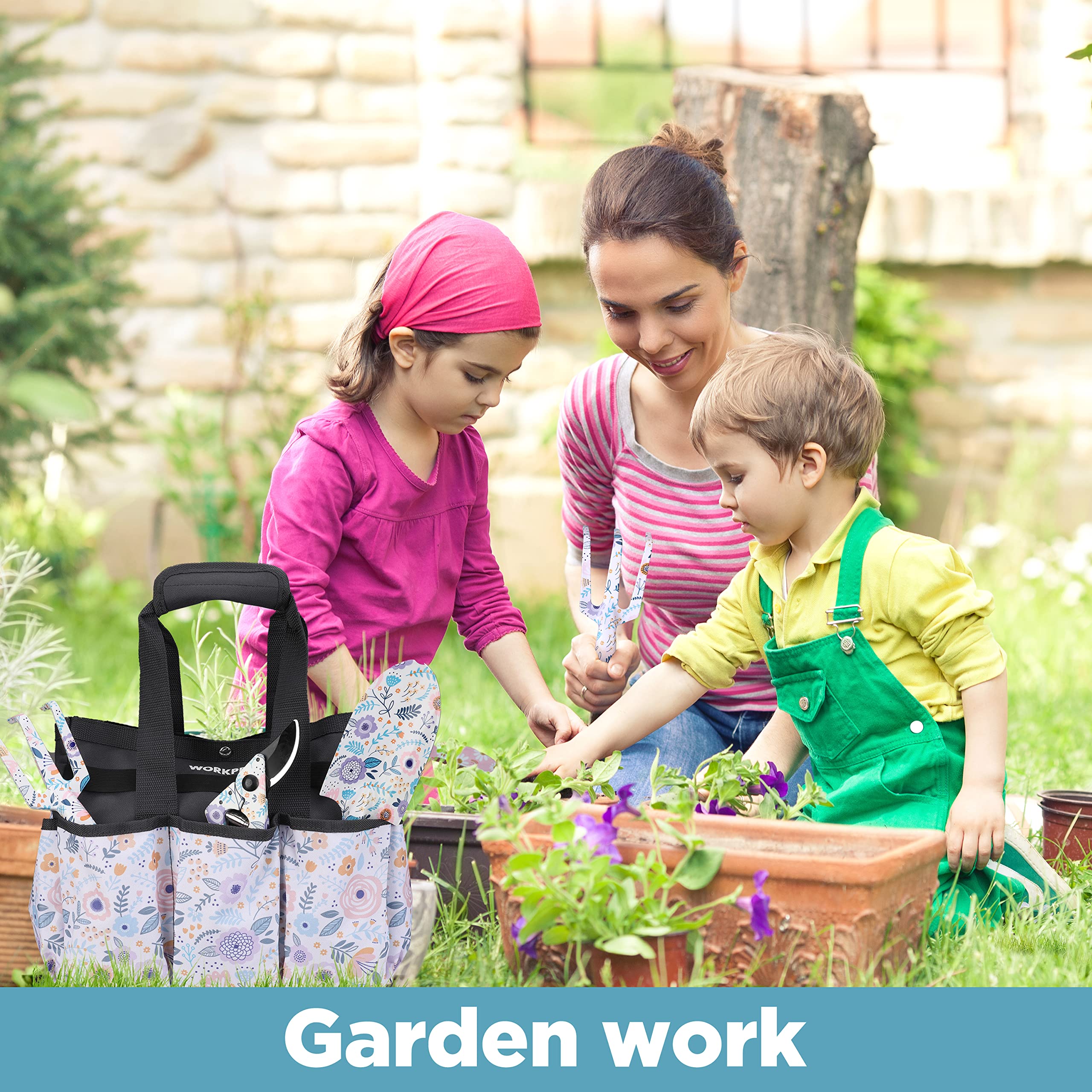 Floral pattern detail on WORKPRO gardening tools