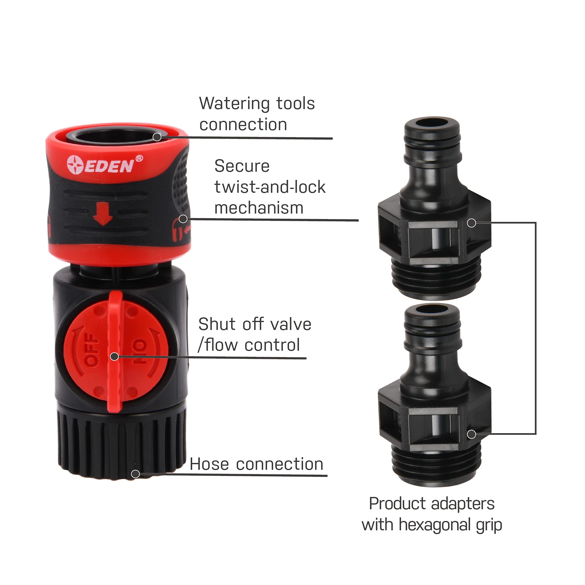Flow control and shutoff valve on Eden quick connector