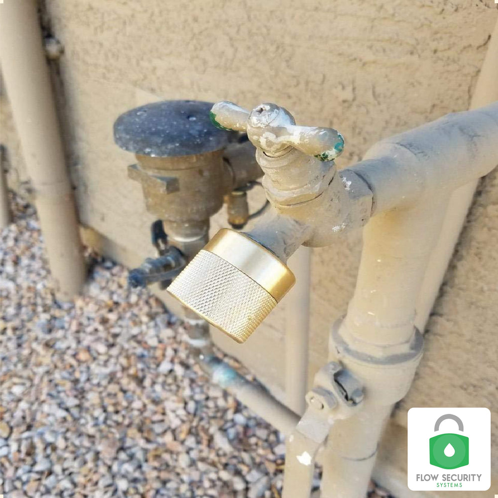 Flow Security Systems FaucetLock with garden hose attached