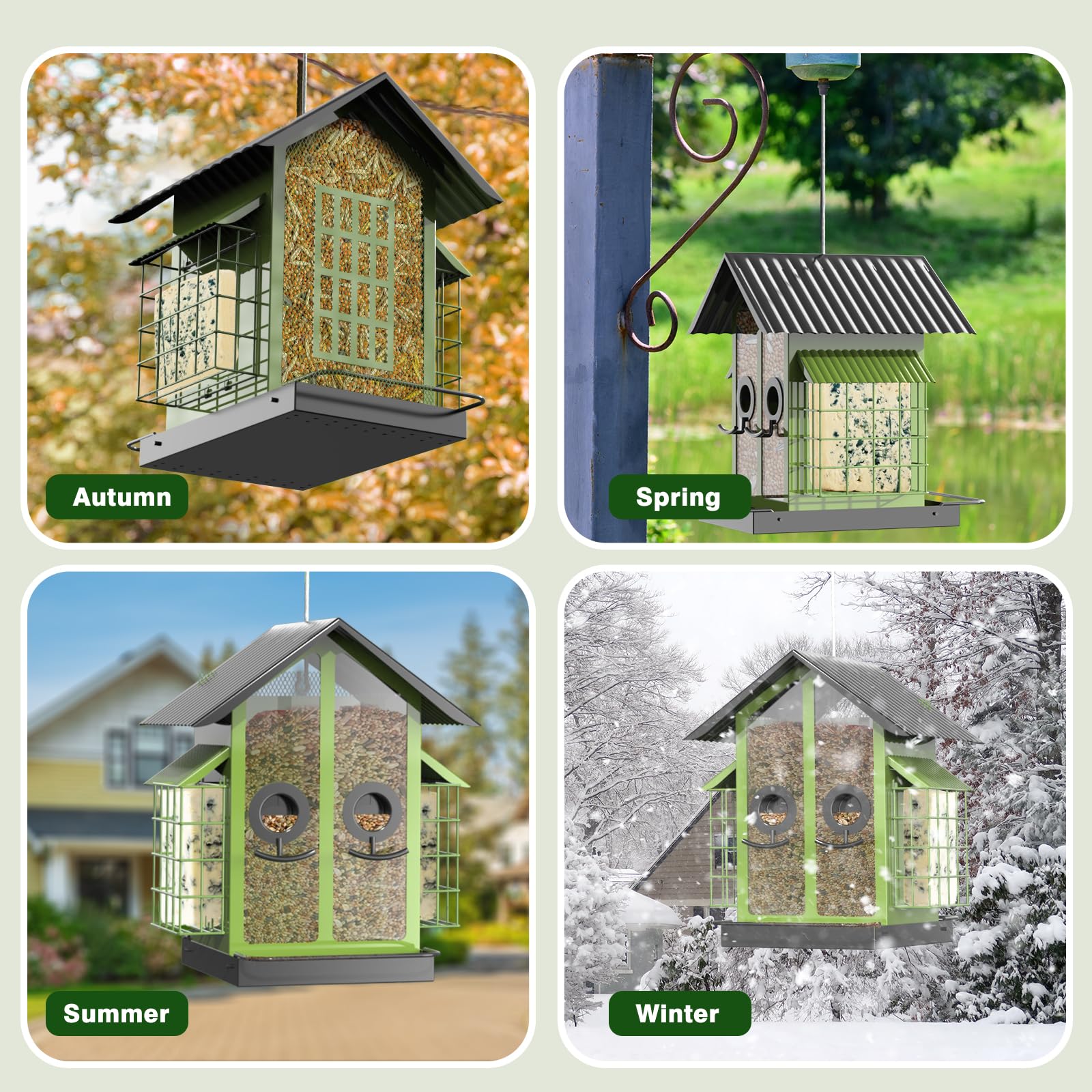 FlowaFoli Bird Feeder with seeds and birds in the garden