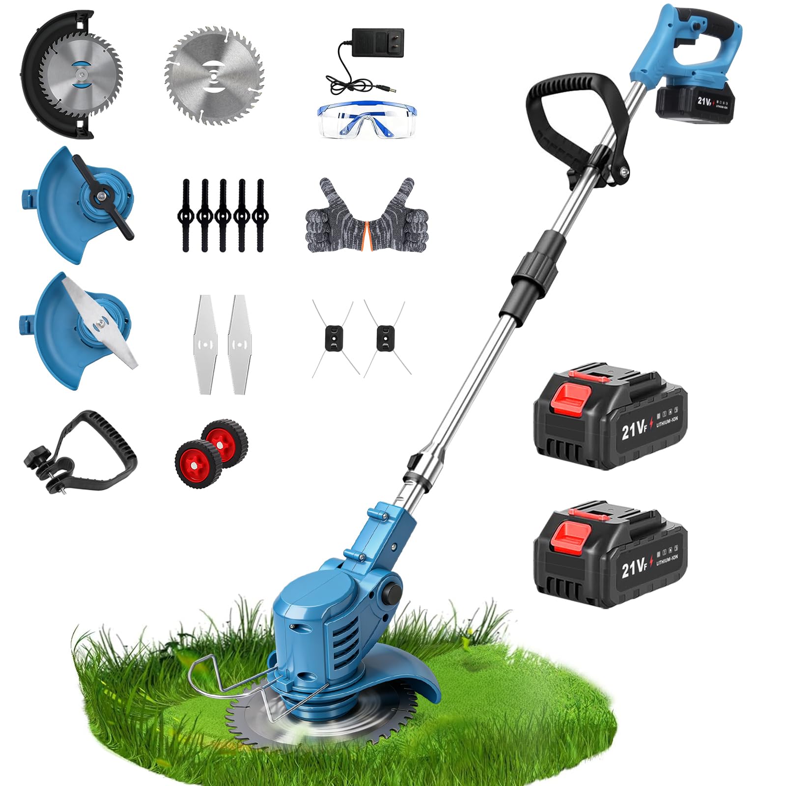 FLYINGJOING Electric Weed Wacker front view with blue finish