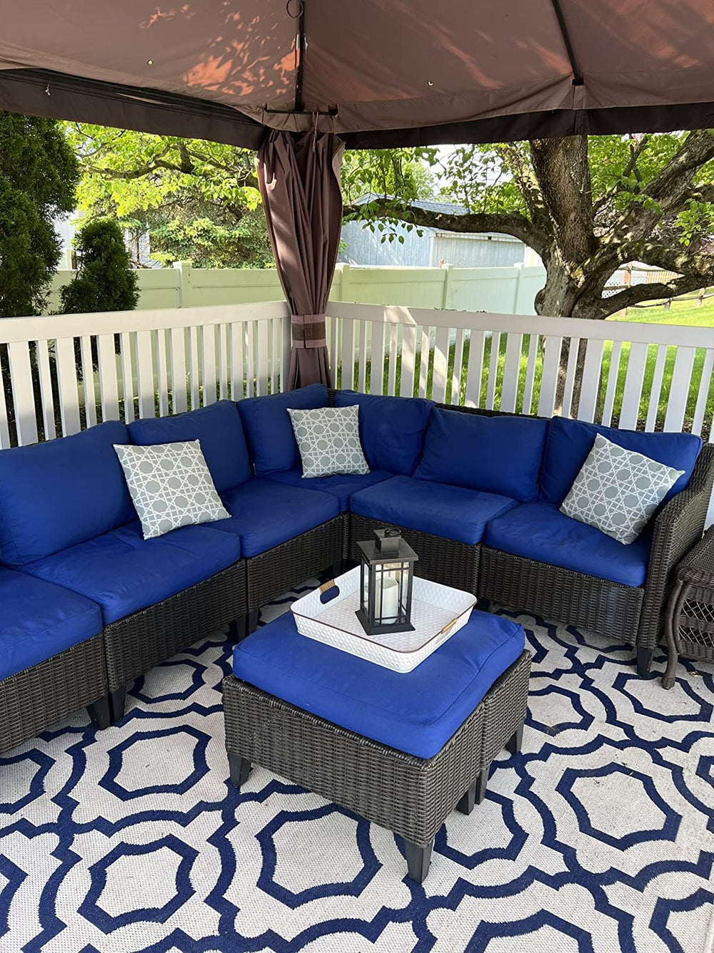 FLYMEI Navy Blue Cushion Cover with outdoor setting background