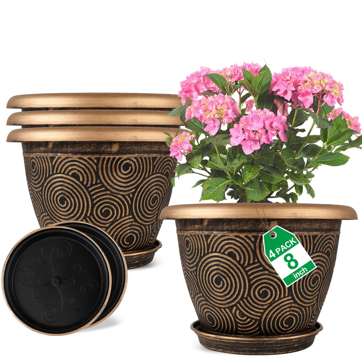Fodetyff 8 Inch Flower Pot in Gold with Drainage Tray