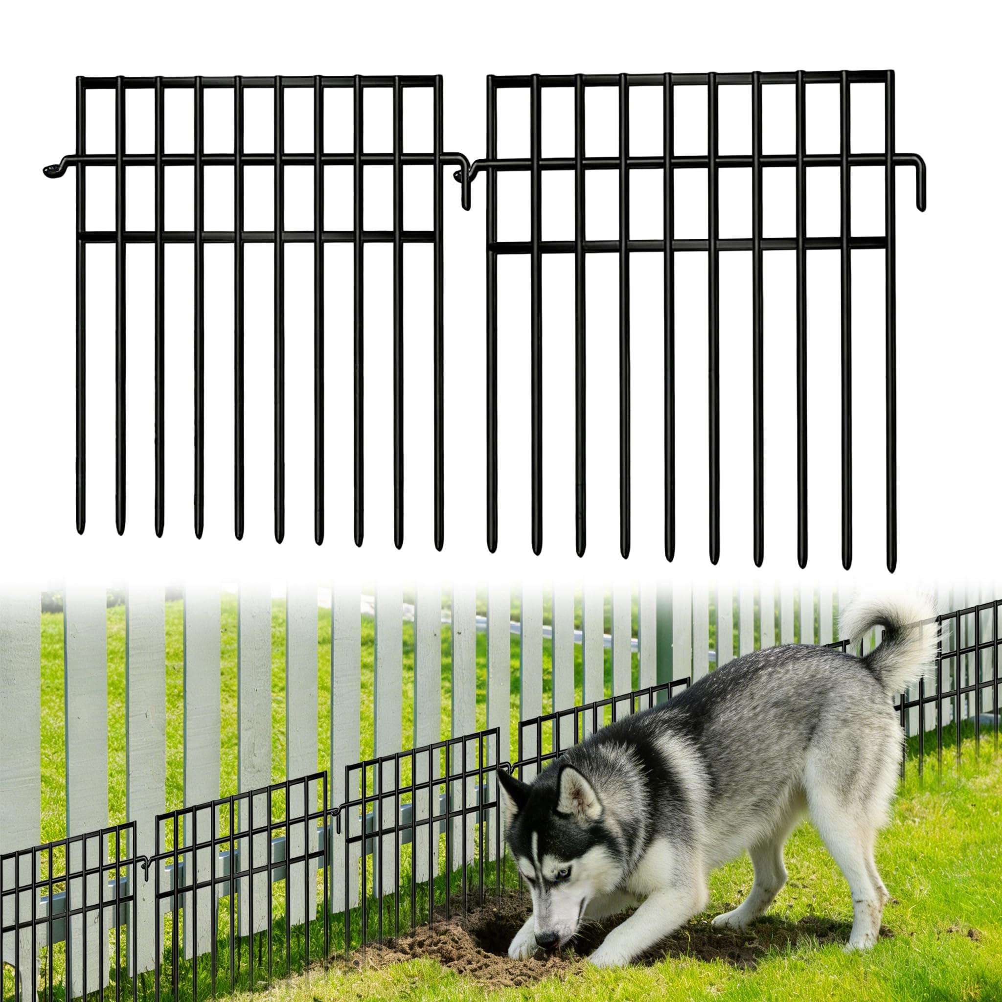 FOKEP 14 Panels Animal Barrier Fence, black metal panels front view