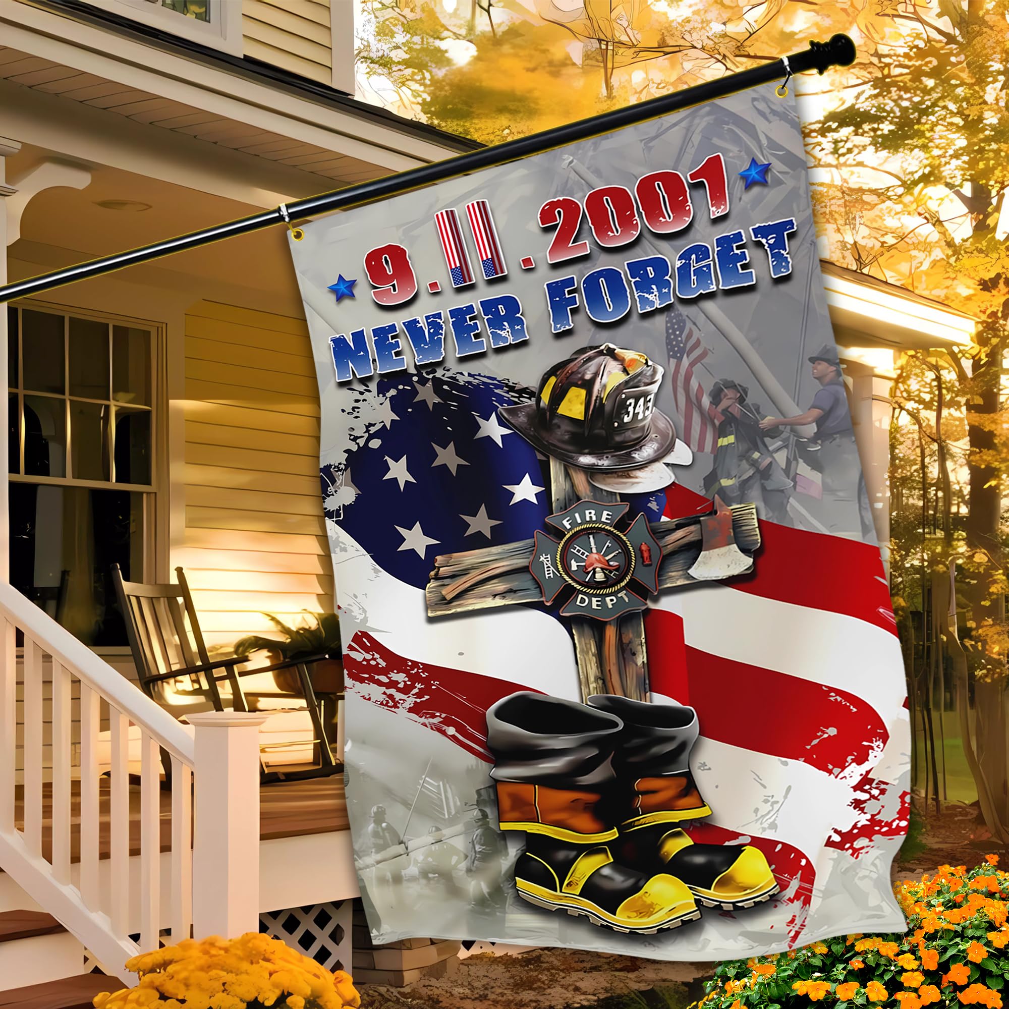 Folded 911 Never Forget Flag showing its polyester fabric