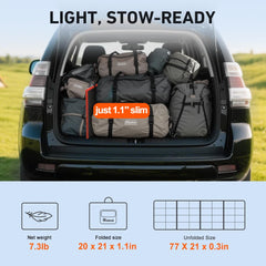 Folded DOKIO 150W solar panel kit showing compact size for storage