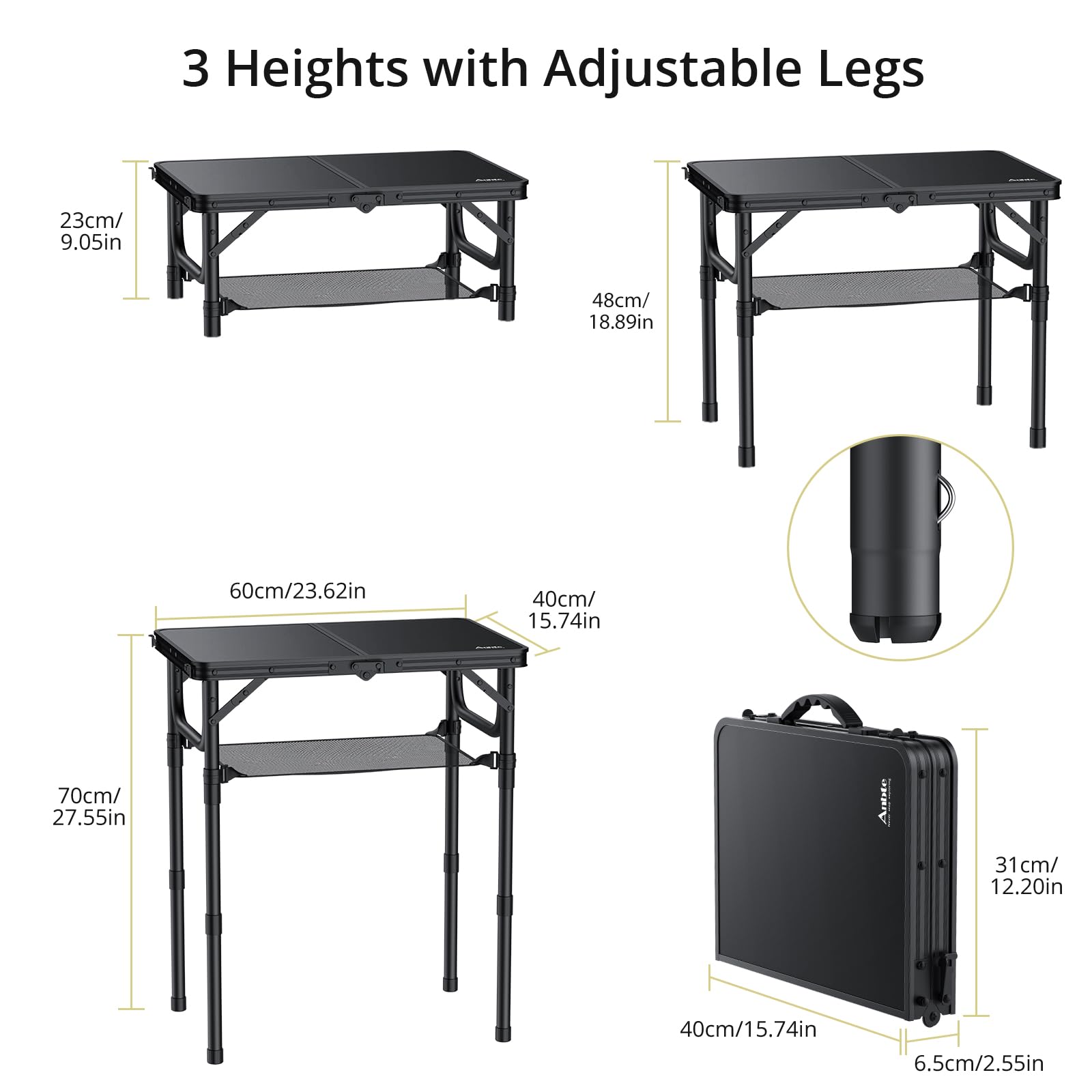 Folding camping table with adjustable height settings