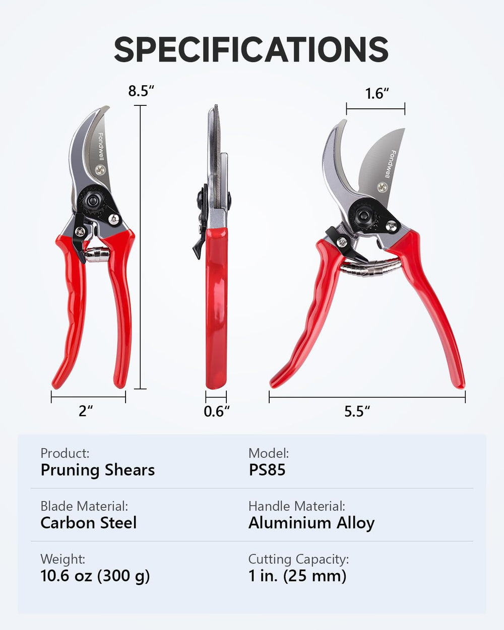 Fondwell pruning shears in packaging showcasing features