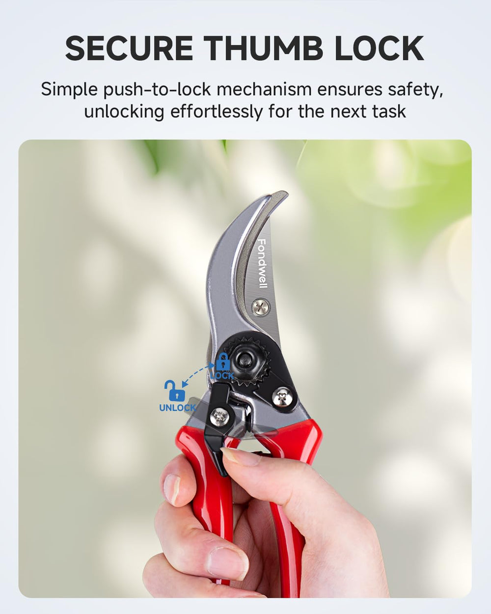 Fondwell pruning shears side view with aluminium alloy handle