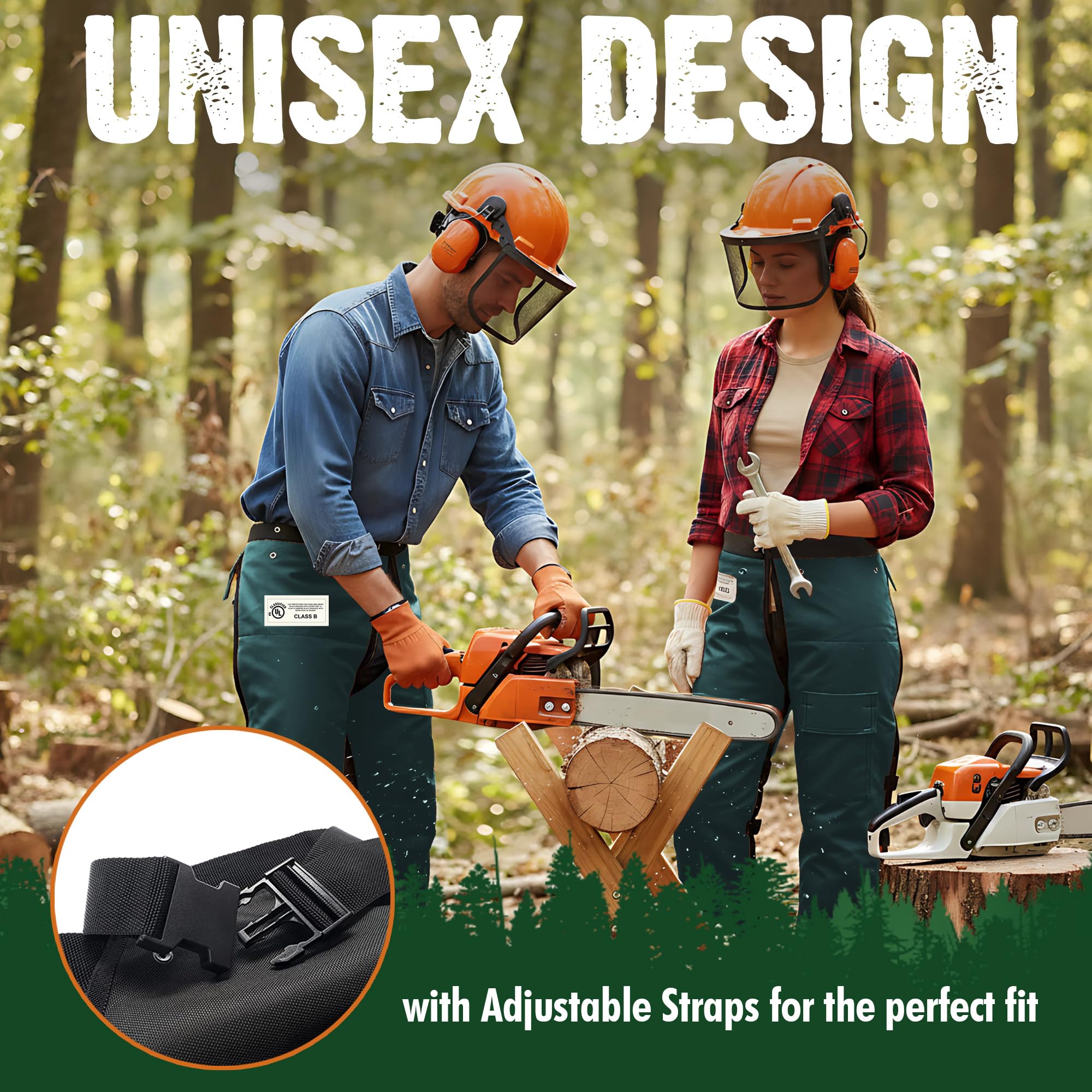 FORESTER Chainsaw Chaps displayed in outdoor setting