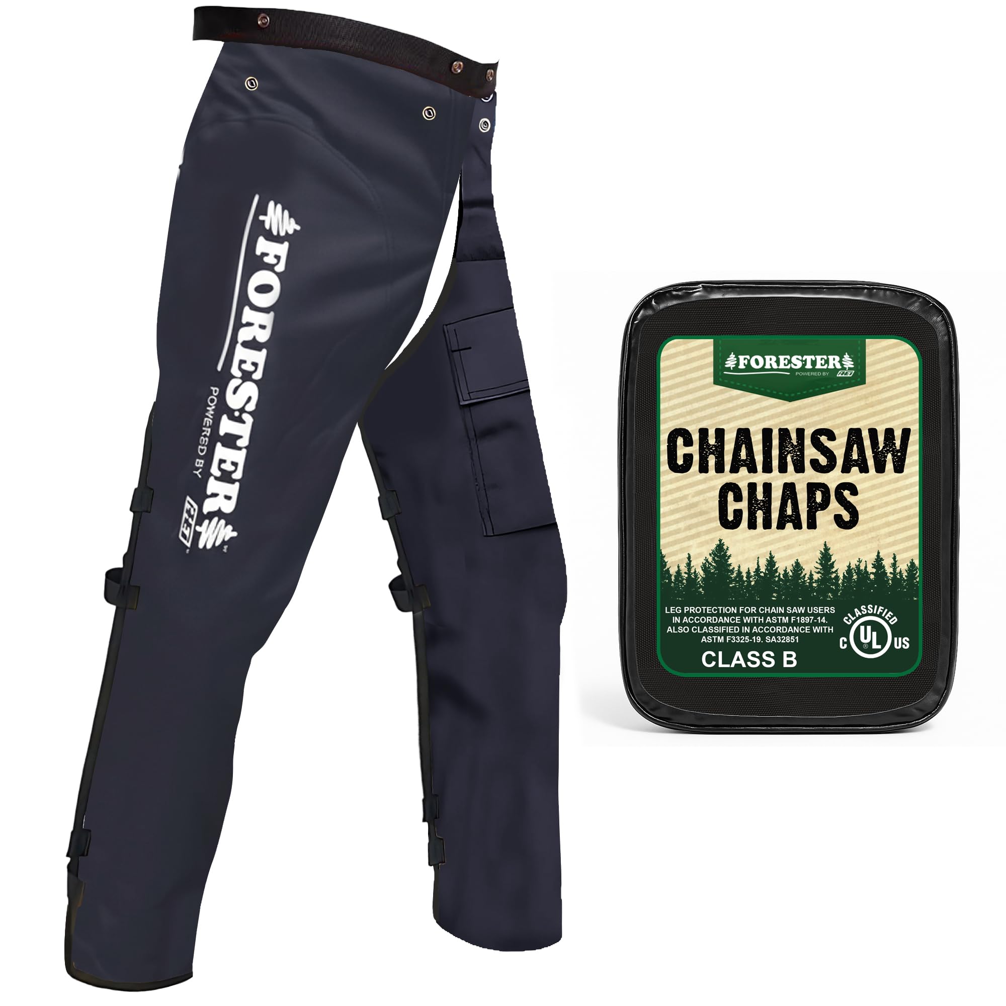 FORESTER Chainsaw Chaps front view, black with reflective detail