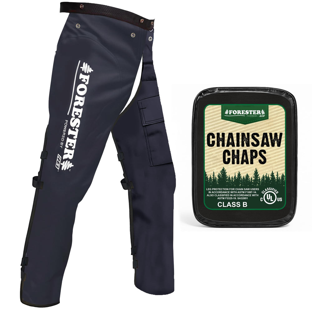 FORESTER Chainsaw Chaps front view, black with reflective detail