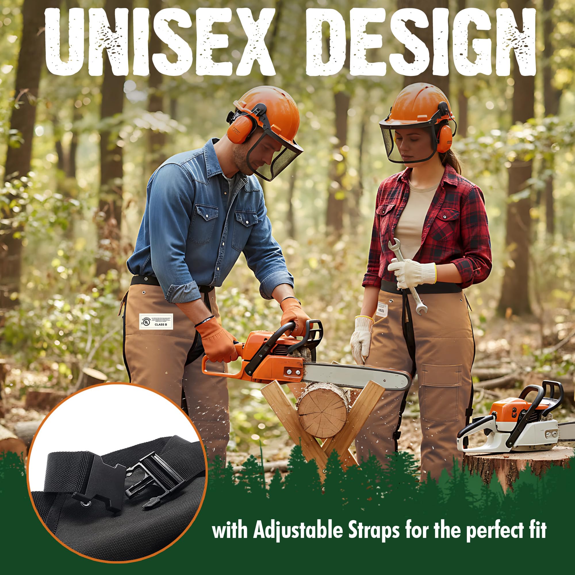 FORESTER Chainsaw Chaps laid flat for detailed inspection