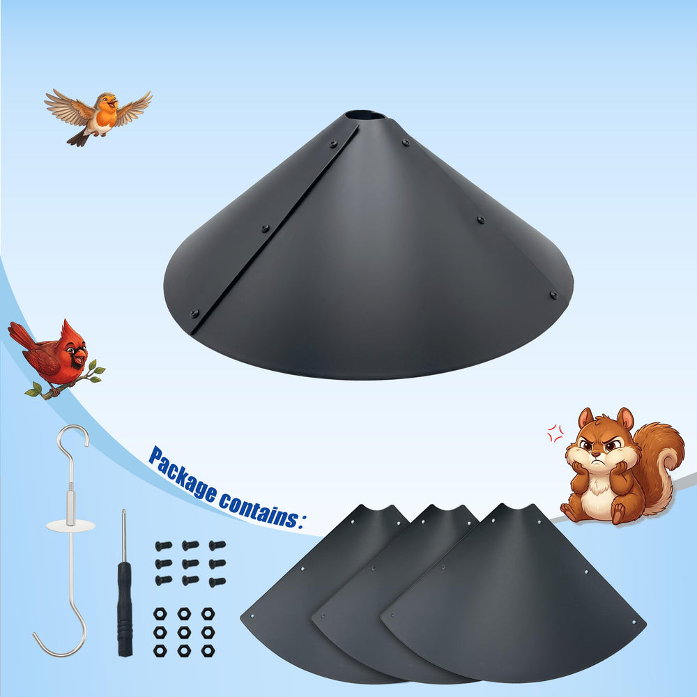 Forever Song Squirrel Baffle installed above bird feeder