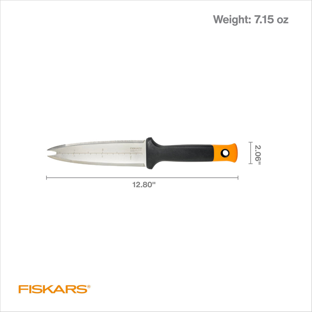 Forked tip of Fiskars Hori Hori Knife for weeding