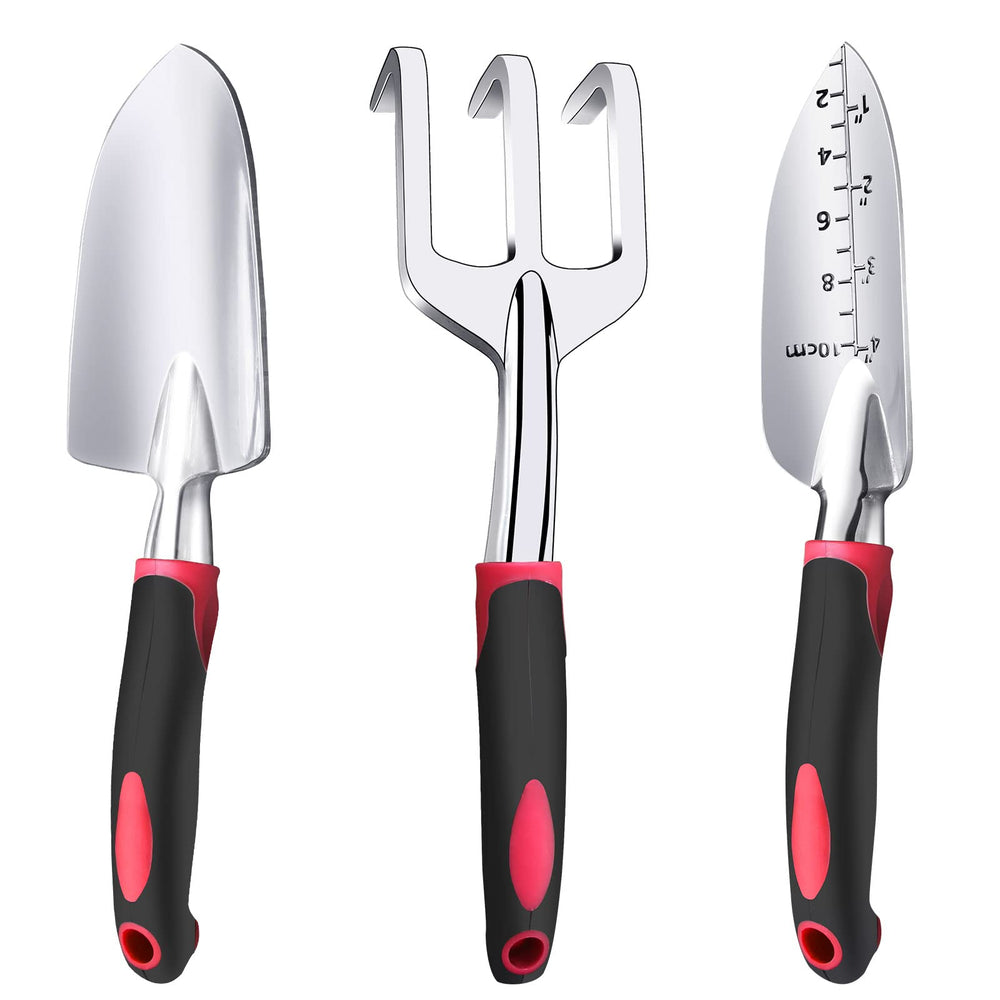 Fosiweelo Garden Tool Set 3 pieces cherry red hand trowel, shovel, and rake
