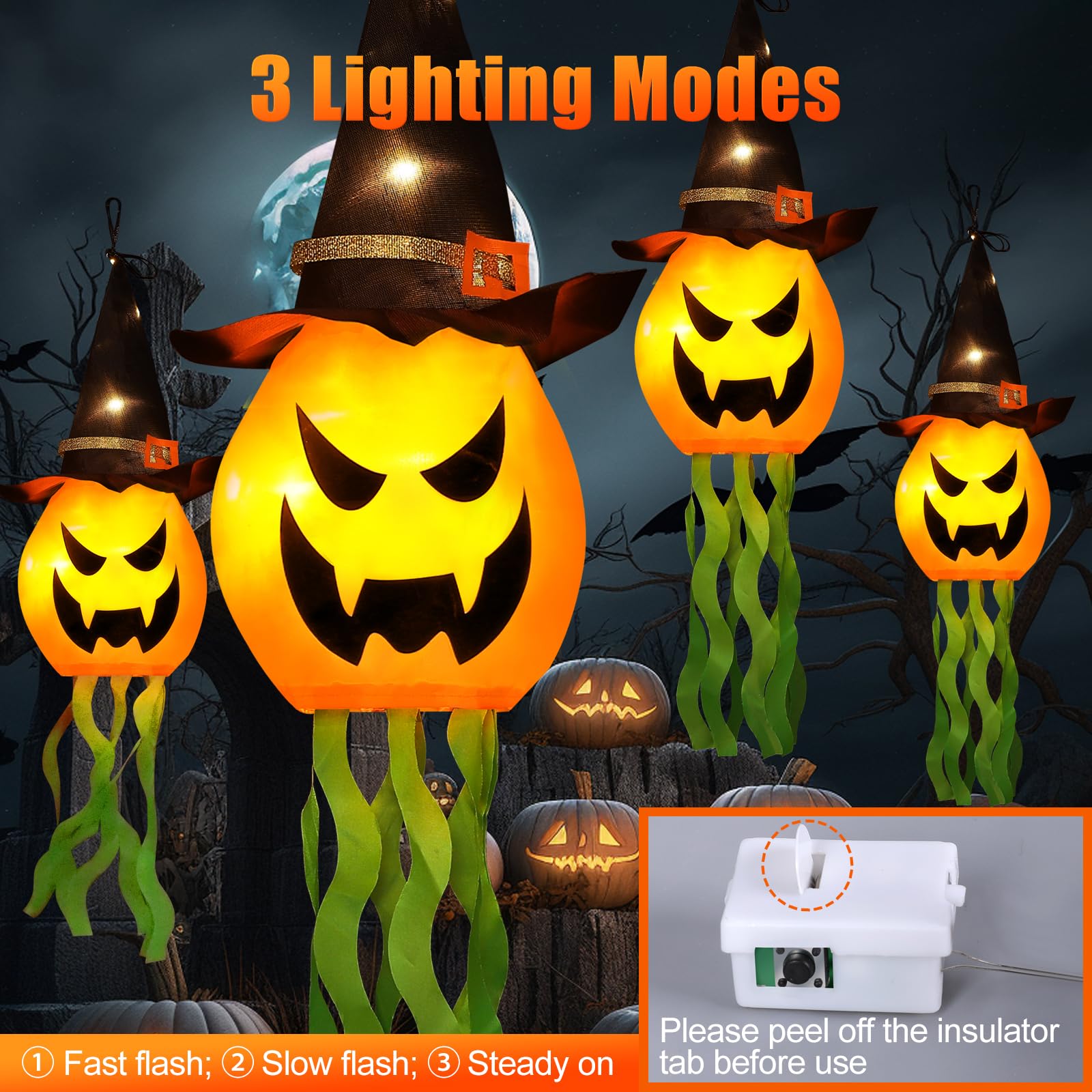 Four Cuorung Halloween pumpkin witch hats hanging in a garden