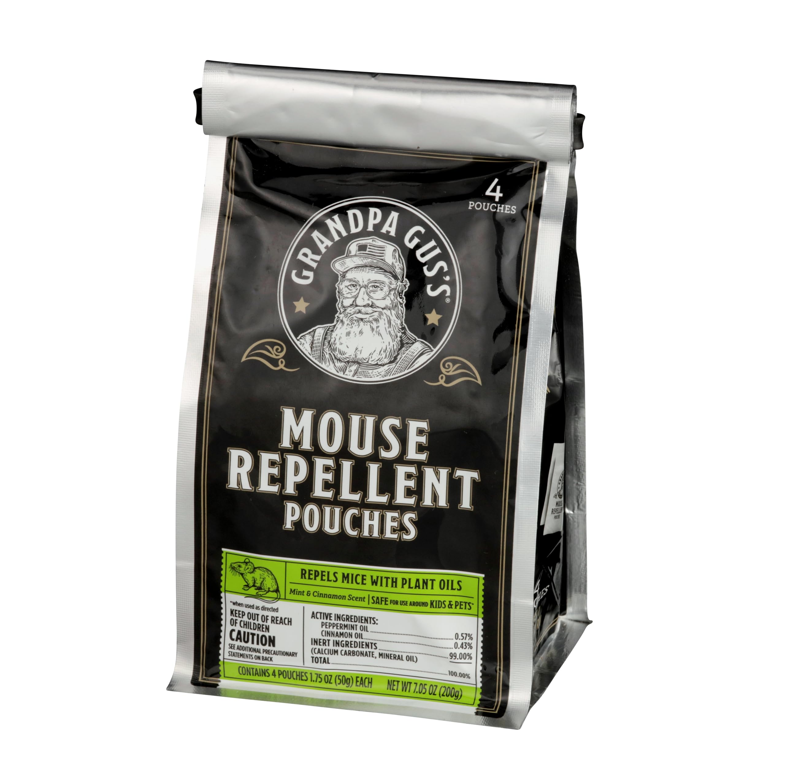 Four Grandpa Gus's mouse repellent pouches in packaging