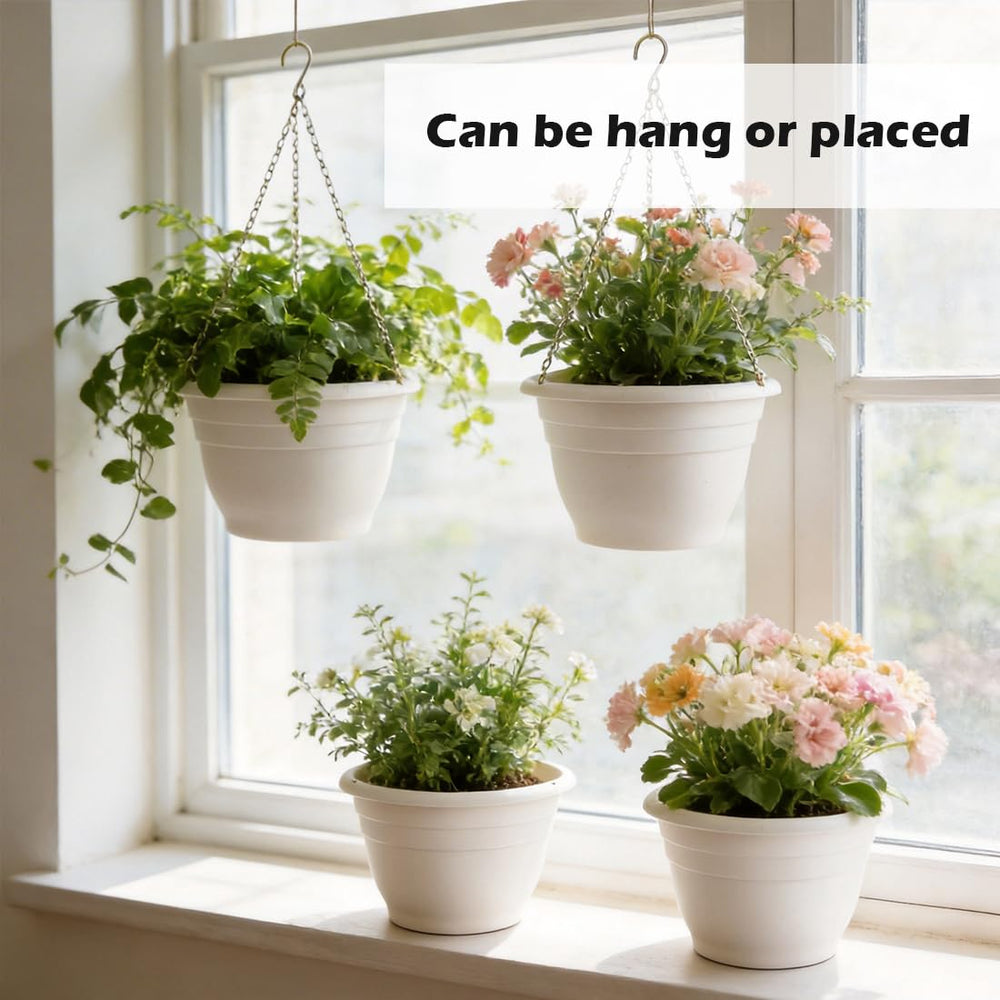 Four RooTrimmer hanging planters arranged in a garden