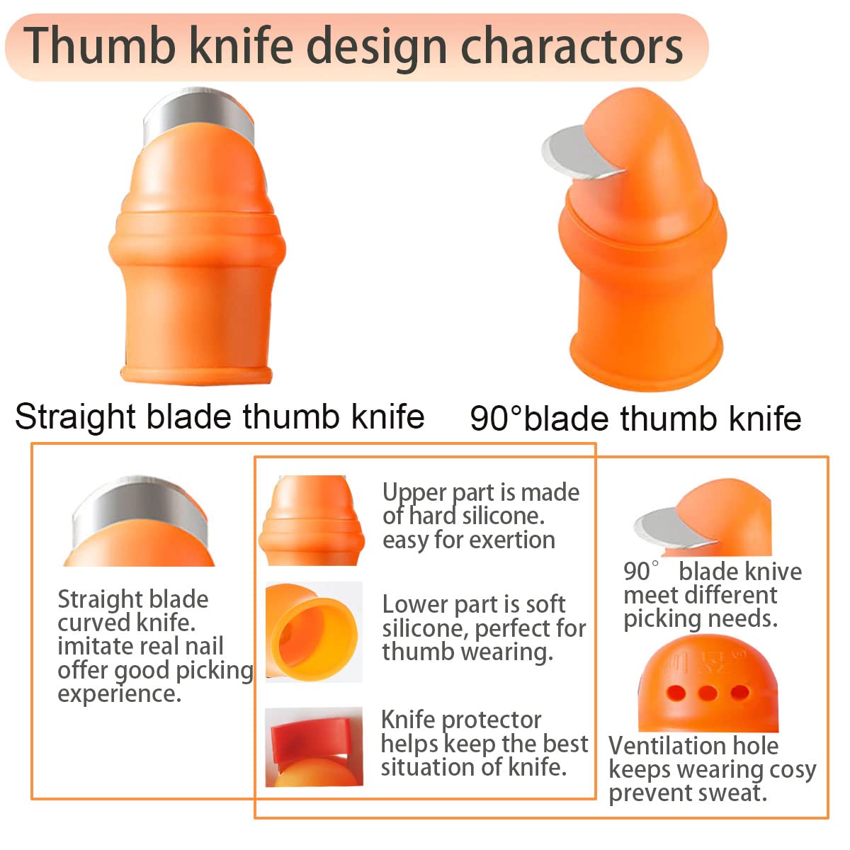 Four silicone thumb knives displayed in a storage bag