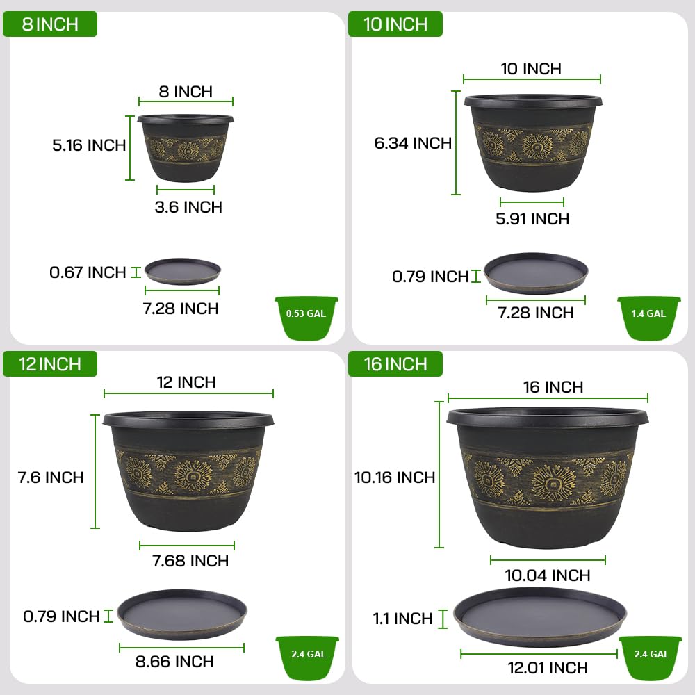 Four Usocik 10 Inch Gold Retro Floral Plant Pots together