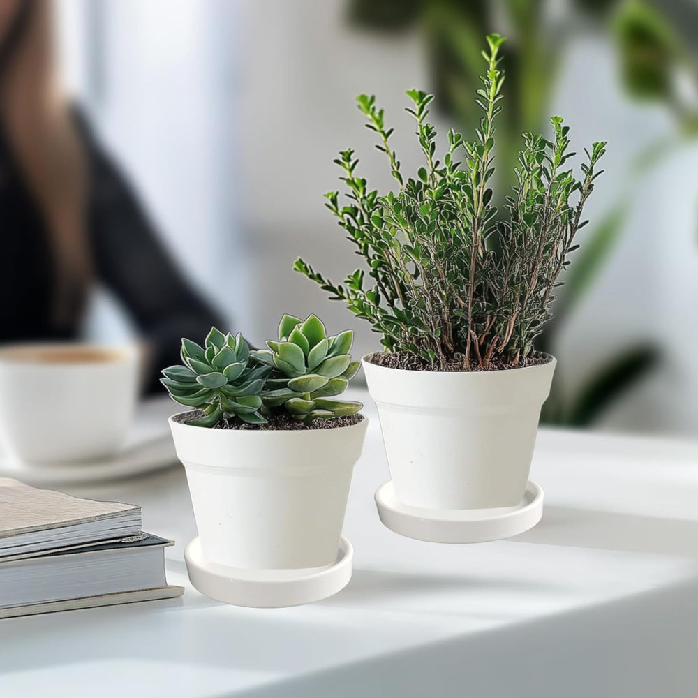 Four Yukfona ceramic plant saucers stacked for easy storage