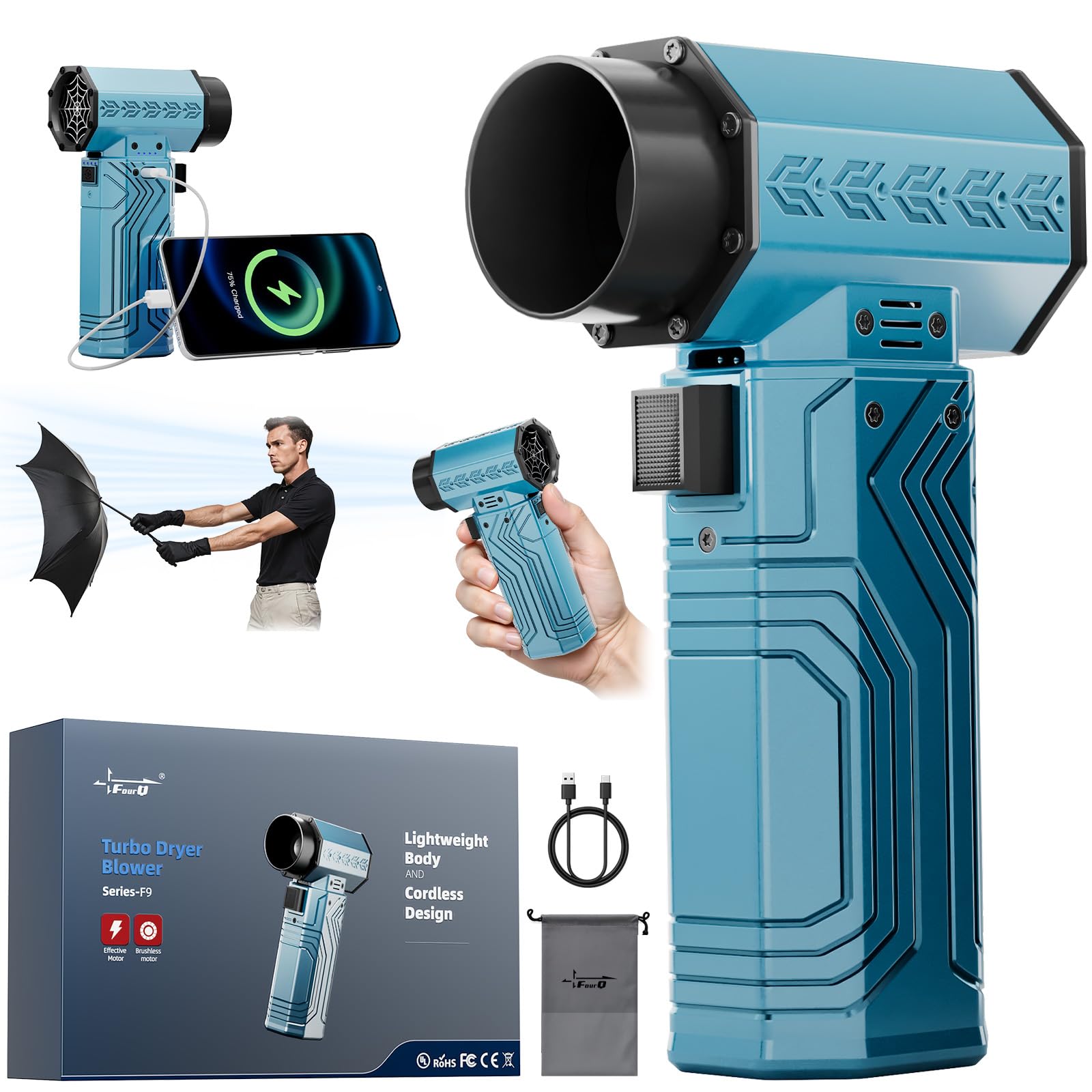 fourq Turbo Dryer Blower for Car in blue, front view