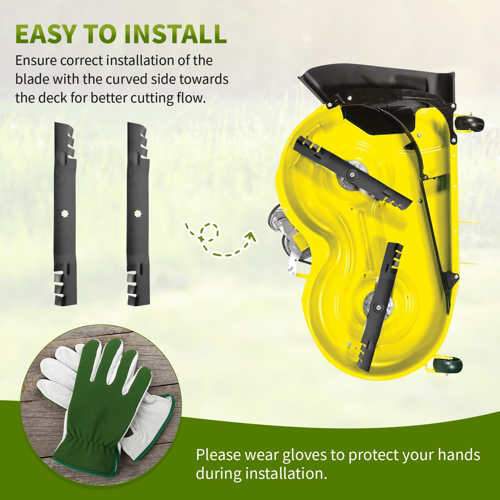 Fourtry GX22151 mower blades displayed with lawn care tools