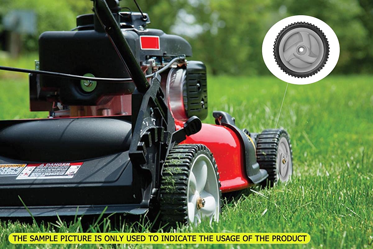 Fourtry wheels displayed next to a Craftsman mower model