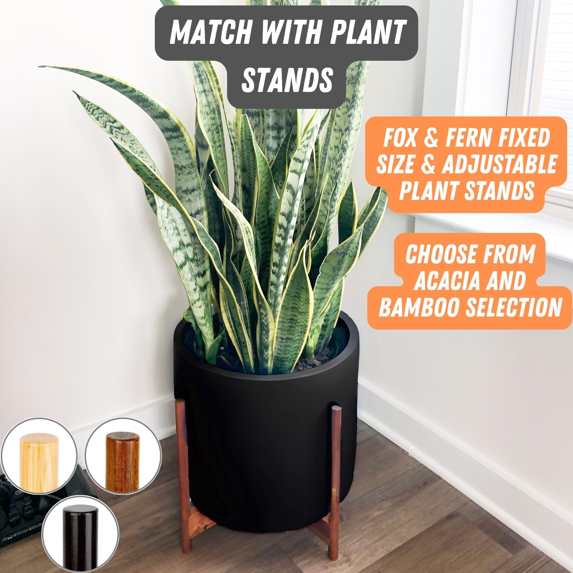 Fox & Fern Large Planter Black Matte with bamboo stand