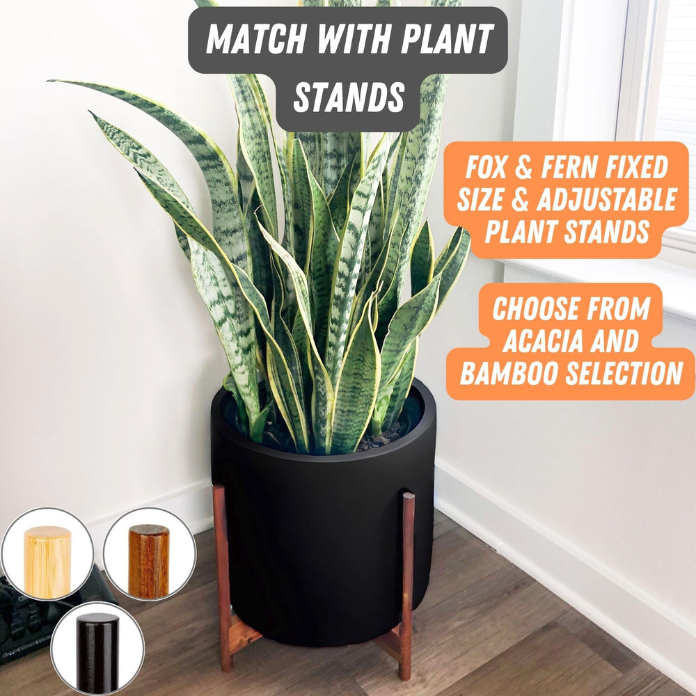 Fox & Fern Large Planter Black Matte with bamboo stand