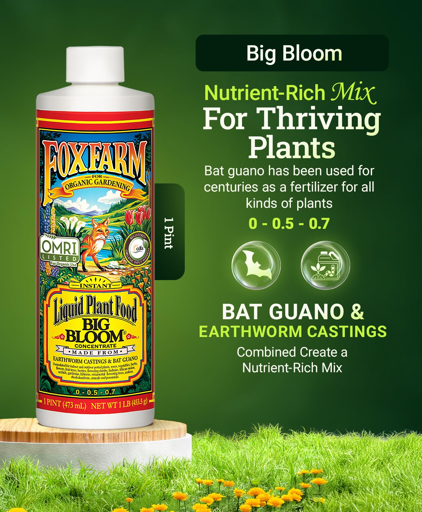 FoxFarm Big Bloom Liquid Plant Food 1 Pint bottle side view