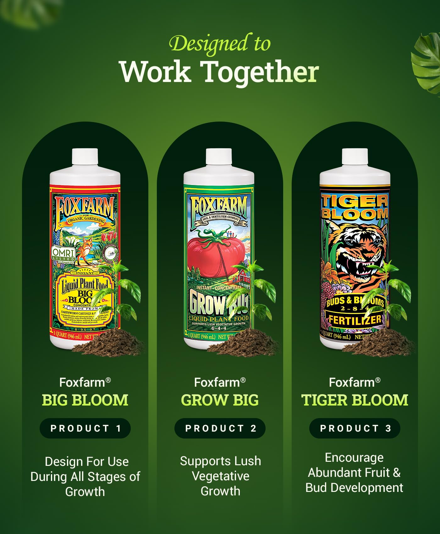 FoxFarm Soil Liquid Trio Pack bottles displayed on a garden table