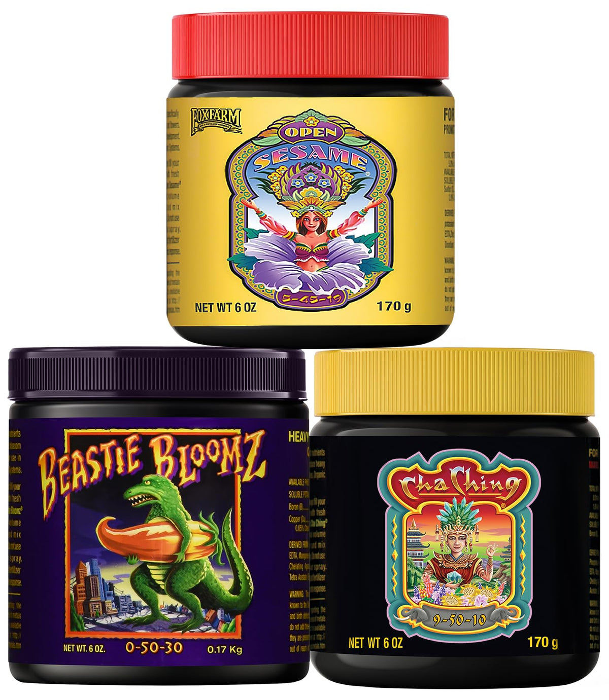 FoxFarm Soluble Trio Pack front view showing Open Sesame, Beastie Bloomz, Cha Ching