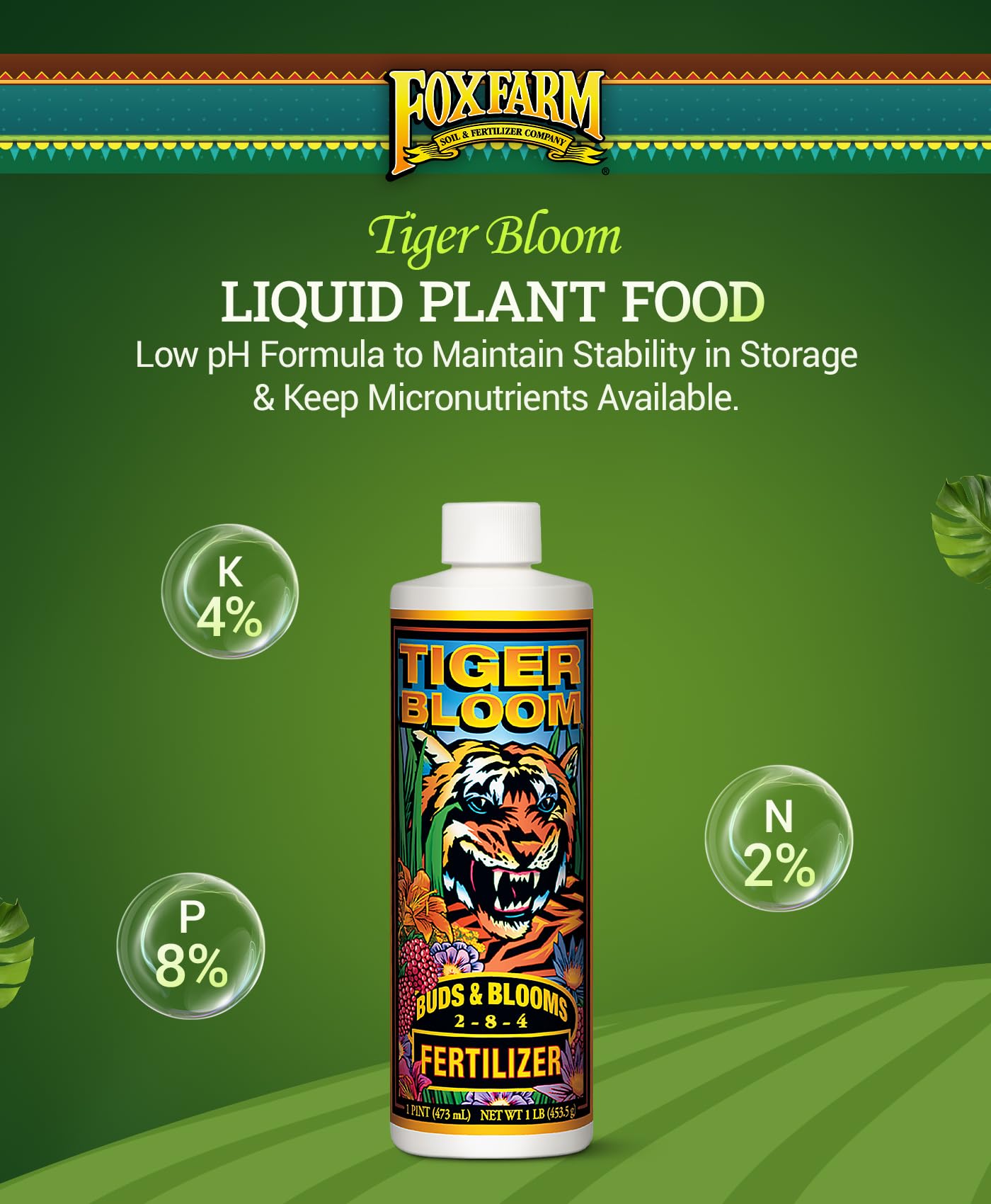 FoxFarm Tiger Bloom Liquid Plant Food 1 Pint bottle side view