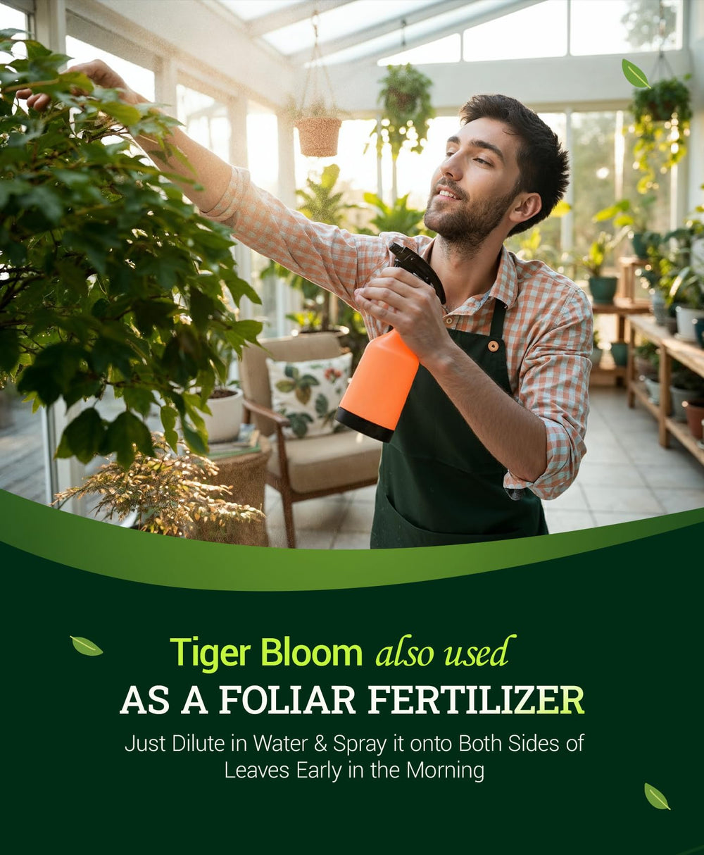 FoxFarm Tiger Bloom Liquid Plant Food 1 Pint bottle with measuring spoon