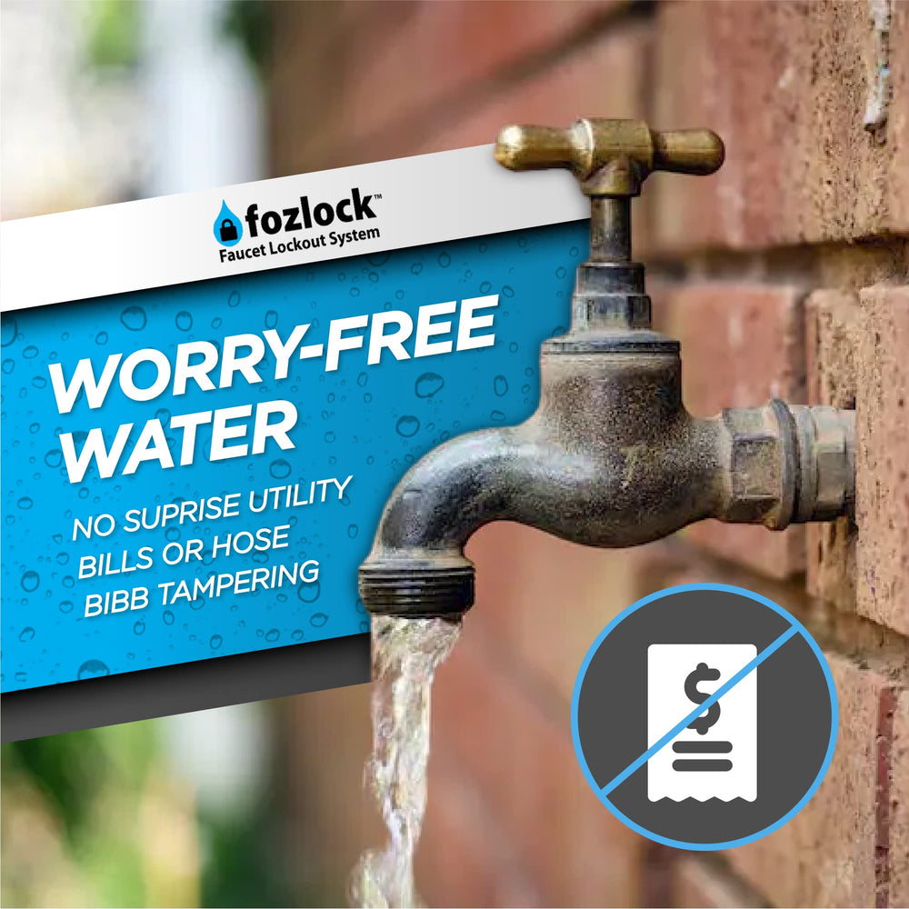 Fozlock Outdoor Faucet Lock System with dimensions displayed