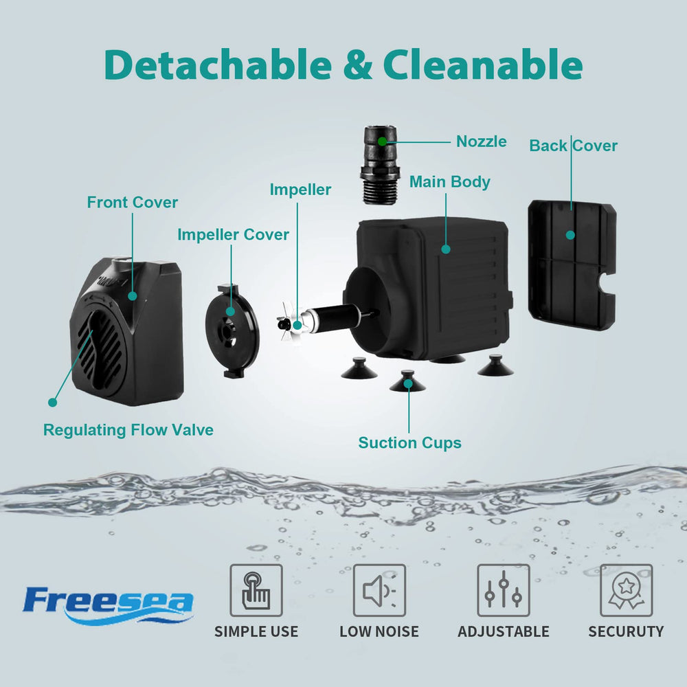 FREESEA Small Aquarium Fountain Pump in a pond setting