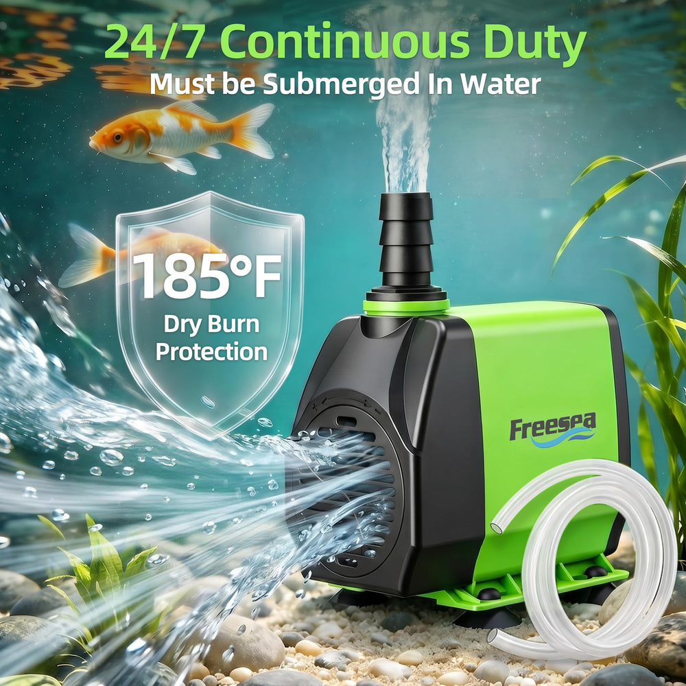 FREESEA Small Pond Pump side view with soft hose