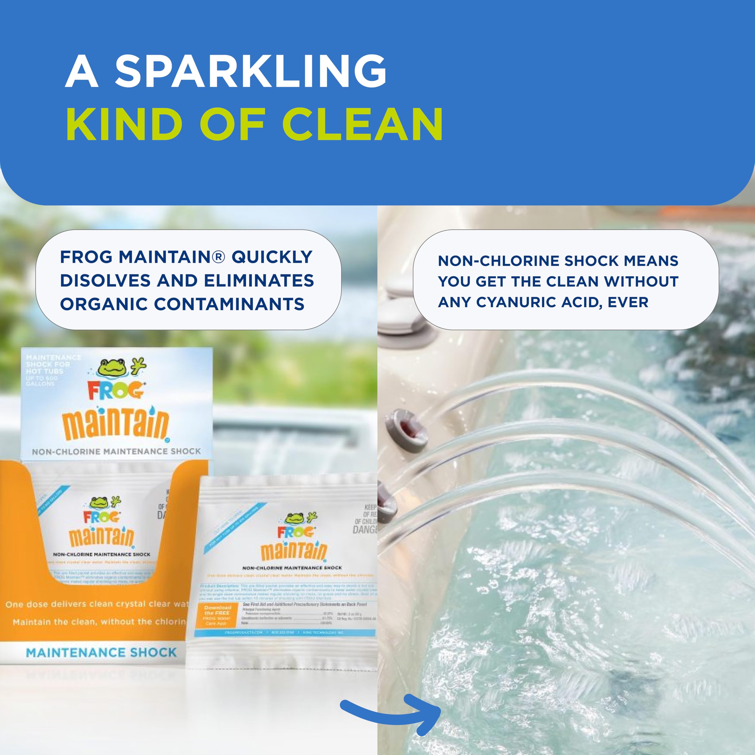 FROG Maintain Non-Chlorine Shock on a table with pool accessories