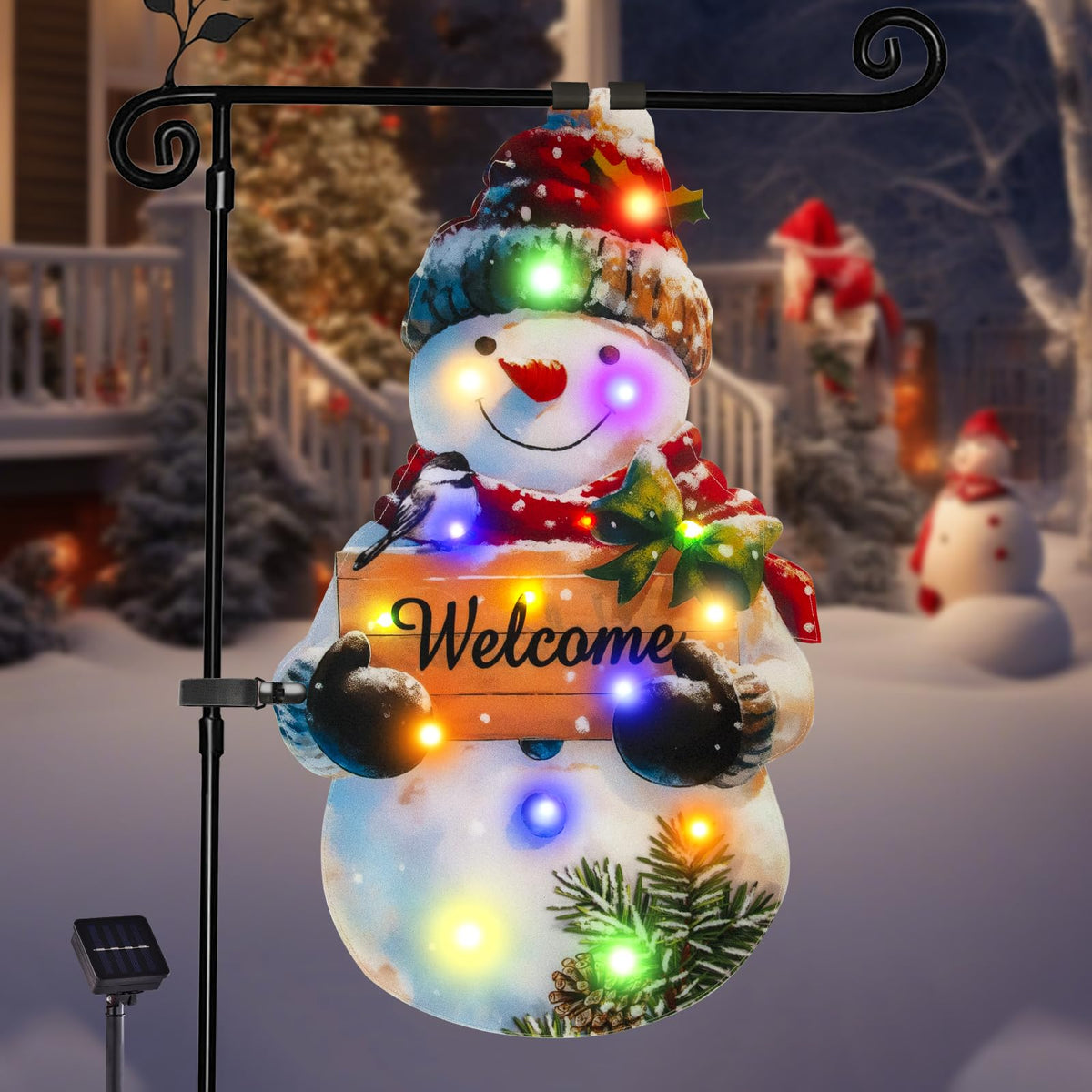Front view of amadecohome lighted Christmas snowman garden flag