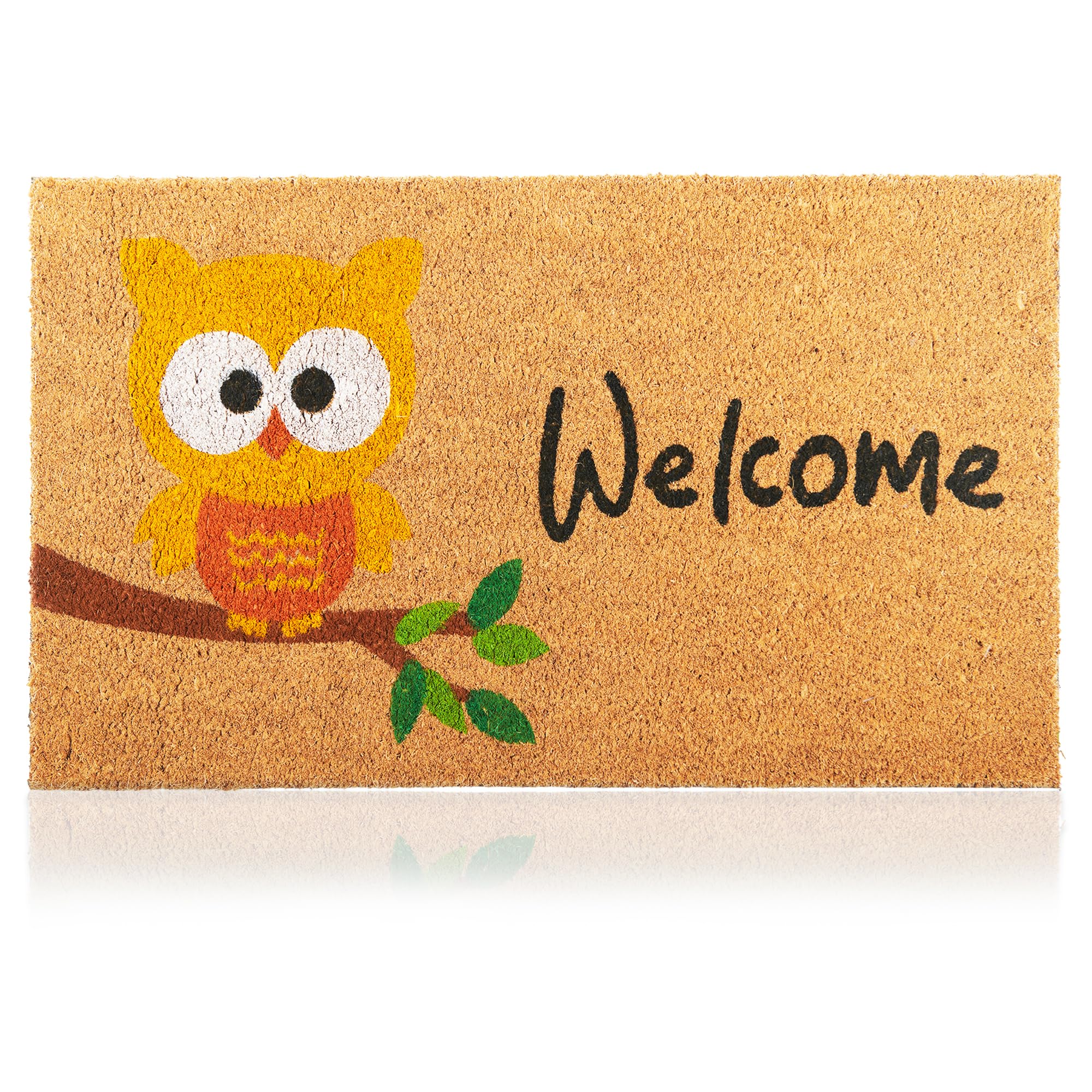 Front view of AMARU Coir Welcome Mat with Owl design