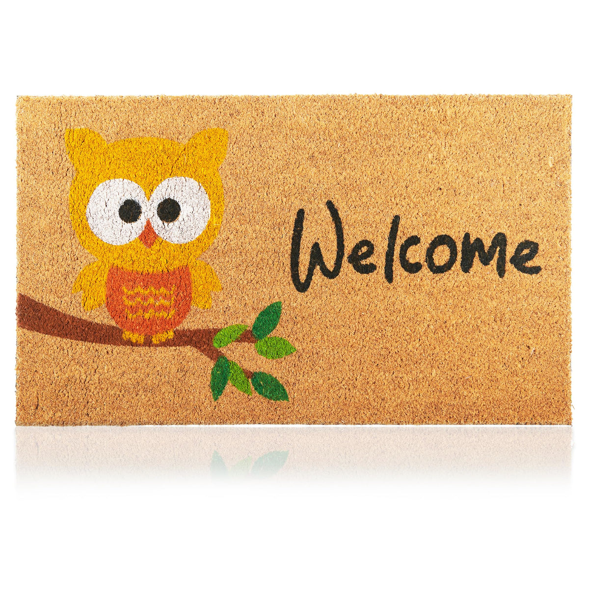 Front view of AMARU Coir Welcome Mat with Owl design
