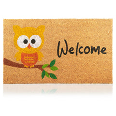 Front view of AMARU Coir Welcome Mat with Owl design